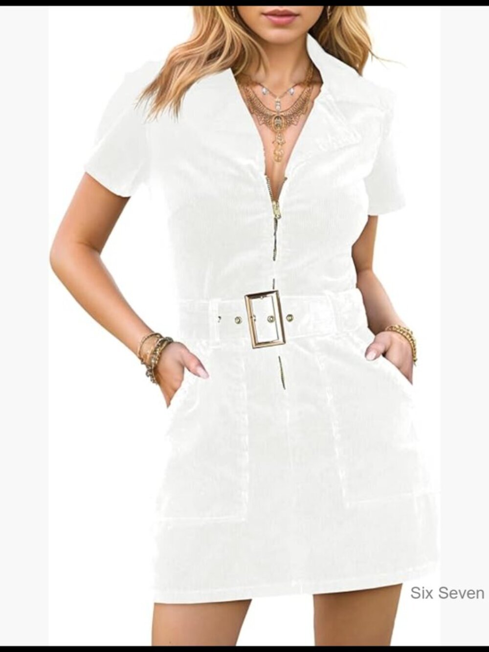 Corduroy Mini Dress with Zip Front and Belt - Picture 1 of 7